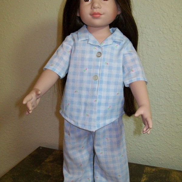 Blue and White Check Pajamas for Slim 18 Inch Dolls, Magic Attic, Teddy Bears and Stuffed Animals in Two Patterns of Gingham Plaid