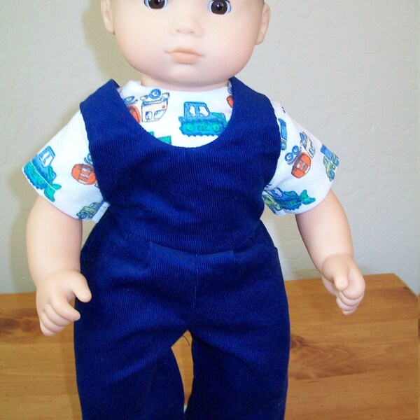 Boy Twin Dolls, Bitty Baby, Boy Dolls and Other 15-16 Inch Dolls and Bears Overall Set with Construction Knit Top