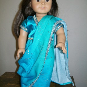 Blue and Silver Sari with Crystal Headband for 18 Inch Dolls, the American Girl, Springfield and My Life Dolls