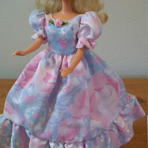 Ball Gown for Fashion Dolls 10 to 11 Inches in Pink and Blue Polyester Satin