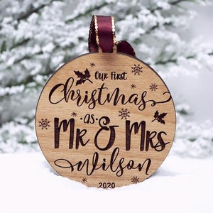Personalized Our First Christmas As Mr and Mrs Ornament 2023 Wood Custom Christmas Ornaments Newlywed Gift Just Married Ornament image 5