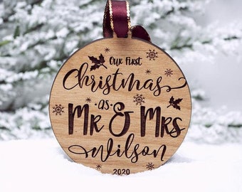 Personalized Our First Christmas As Mr and Mrs Ornament 2022 - Wood Custom Christmas Ornaments - Newlywed Gift - Just Married Ornament