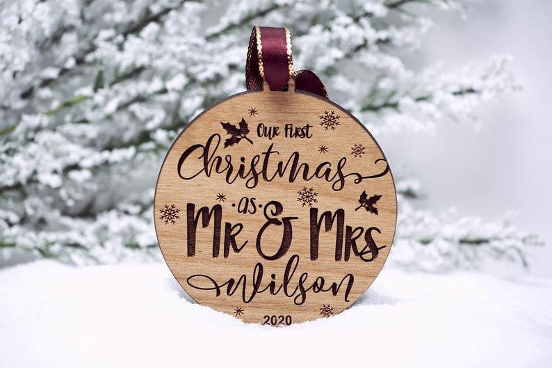 Personalized Our First Christmas As Mr and Mrs Ornament 2022 - Wood Custom Christmas Ornaments - Newlywed Gift - Just Married Ornament