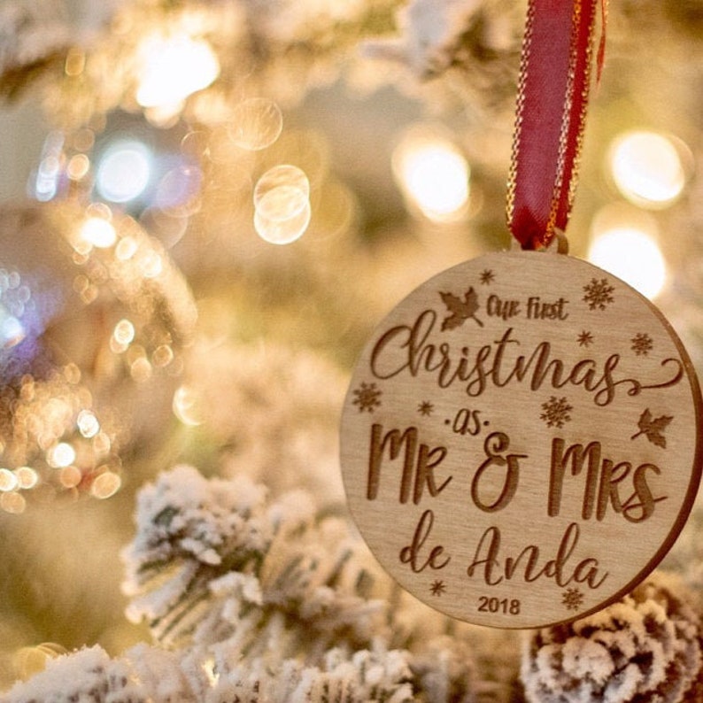 Personalized Our First Christmas As Mr and Mrs Ornament 2023 Wood Custom Christmas Ornaments Newlywed Gift Just Married Ornament image 3