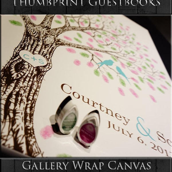 Thumb Print Wedding Tree Guest Book Alternative Print Fingerprint Wedding Tree with Love Birds Unique Guest Book Ideas Custom Guest Book #L