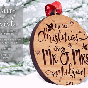 Personalized Our First Christmas As Mr and Mrs Ornament 2023 Wood Custom Christmas Ornaments Newlywed Gift Just Married Ornament image 2