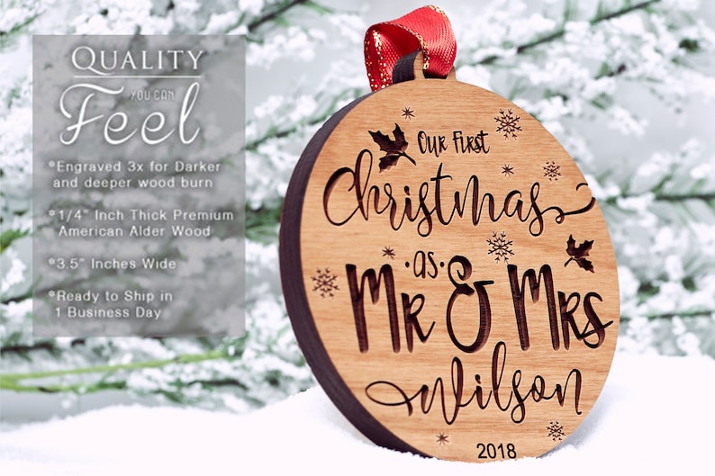 Personalized Our First Christmas As Mr and Mrs Ornament 2023 Wood Custom Christmas Ornaments Newlywed Gift Just Married Ornament image 2