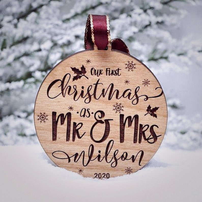 Personalized Our First Christmas As Mr and Mrs Ornament 2023 Wood Custom Christmas Ornaments Newlywed Gift Just Married Ornament image 1