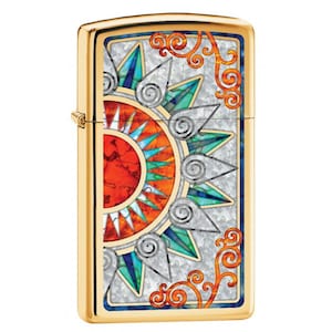 Zippo inciso design "Slim", accendino, ottone lucido, "Fusion Flowers" personalizzato, inciso