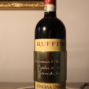 Custom Metal Gold Wine or Liquor Bottle label, Stays in place on bottle, great for weddings, and gifts