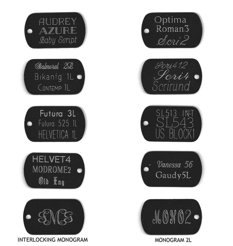 Puede incluir: Diez etiquetas de metal negro con diferentes fuentes y textos, incluyendo "Audrey Azure", "Balmoral 22", "Futura 3L", "Helvet4", "Optima Roman3", "Scri412", "SL513 INT", "Vanessa 56", "SMC" y "MONO2".