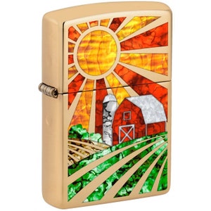 Engraved Zippo Lighter, &quot;Red Barn and Farm Design&quot; High Polish Brass, Personalized, Engraved