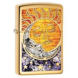 Engraved Zippo Lighter,  "Fusion Sun and Moon" High Polish Brass,  Personalized, Engraved