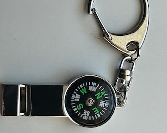 Safety Whistle Compass, key fob  Personalized, engraved, new item
