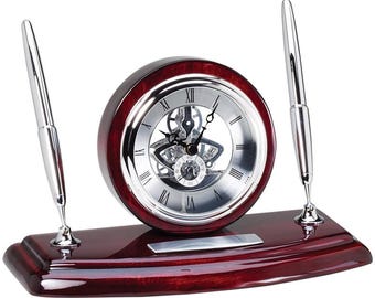 Desk Clock With Pen and Engraving Plate Piano Finish Rosewood Silver Quartz Movement Clock
