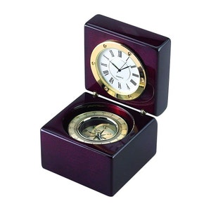 Engraved Clock with Compass in wooden box, Personalized
