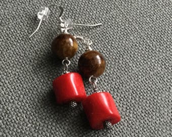 Coral earrings Gemstone earrings Bronzite earrings Gemstone jewelry Bamboo coral jewelry Red coral dangle earrings Gift for her