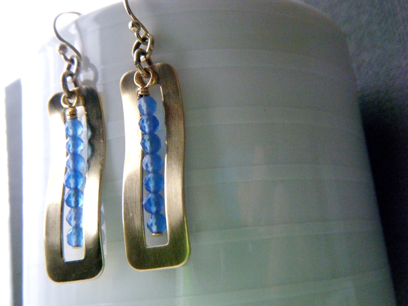 Long blue onyx earrings Onyx jewelry Bohemian gold brass earrings Blue earrings Gemstone bar earrings Blue stone earrings Gift for her