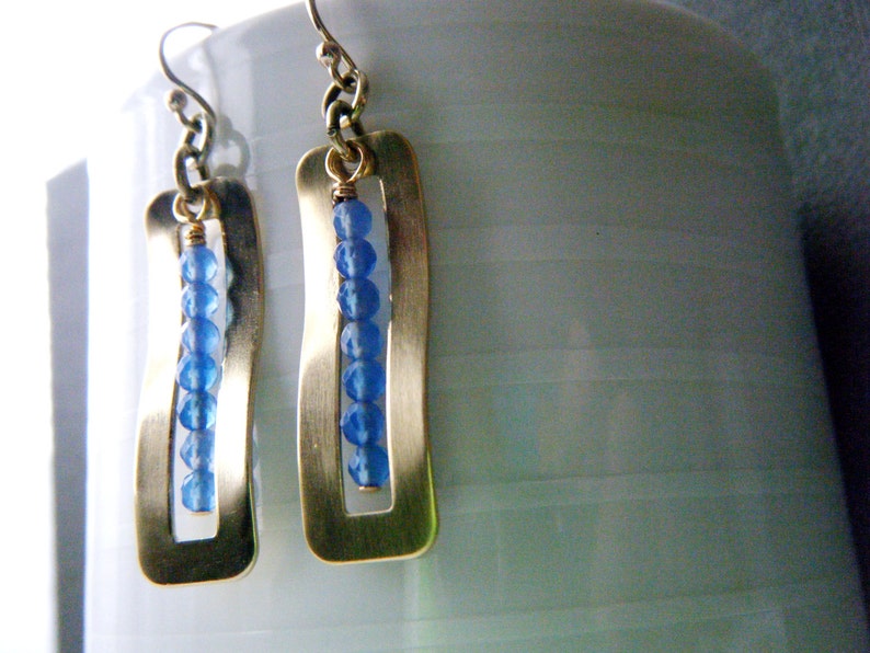 Long blue onyx earrings Onyx jewelry Bohemian gold brass earrings Blue earrings Gemstone bar earrings Blue stone earrings Gift for her