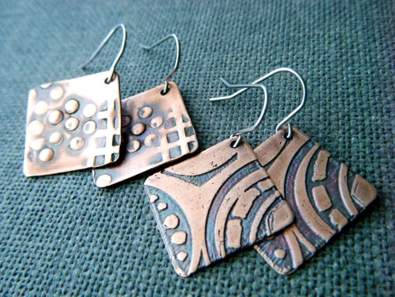 Hammered copper earrings Bohemian copper jewelry Rustic patina copper dangles Textured copper drop earrings Geometric copper square earrings