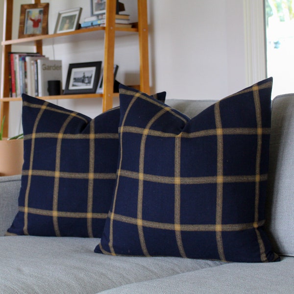 Navy and Gold Plaid Wool Pillow Cover, Dark Blue and Yellow Pillow Cover (Made to Order)