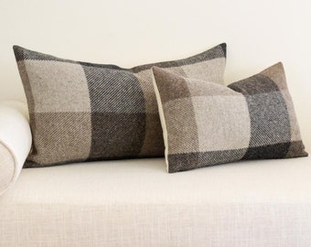 Tan and Gray Buffalo Check Wool Pillow Cover (Ready to Ship)