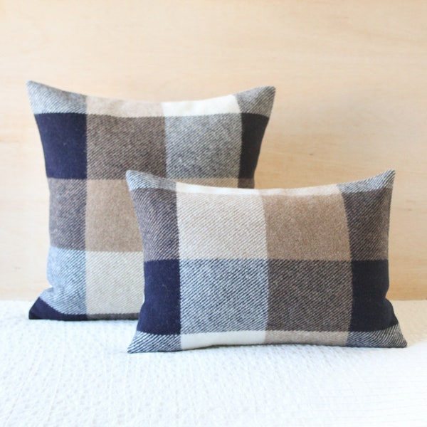 Navy and Tan Plaid Wool Pillow Cover, Navy Buffalo Check Pillow Cover (Made to Order)