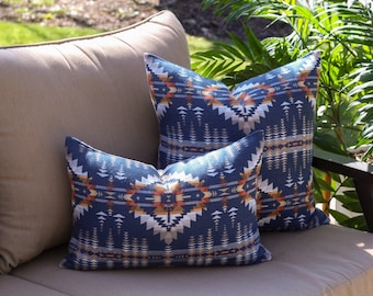 Juniper Mesa Indigo Outdoor Pillow Cover, Blue Southwestern All Weather Pillow Cover (Made to Order)