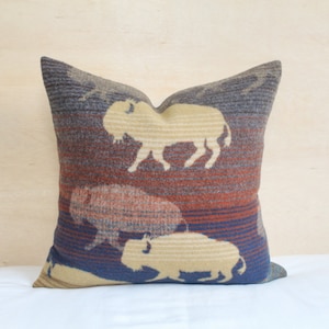 May include: Square cushion with a woven design featuring bison silhouettes in tan against a backdrop of horizontal stripes in shades of blue, red, and grey. The cushion has a textured appearance and a soft, inviting look.