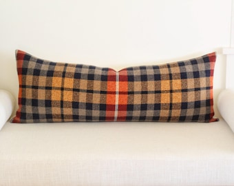 Hickory Fireside Plaid Long Lumbar Pillow Cover, 14x36 Navy and Rust Plaid Wool Pillow Cover (Ready to Ship)