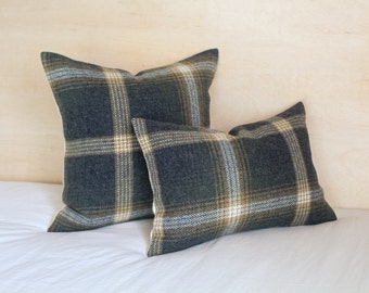 Gray and Gold Oxford Plaid Wool Pillow Cover, Charcoal and Mustard Pillow Cover (Made to Order)