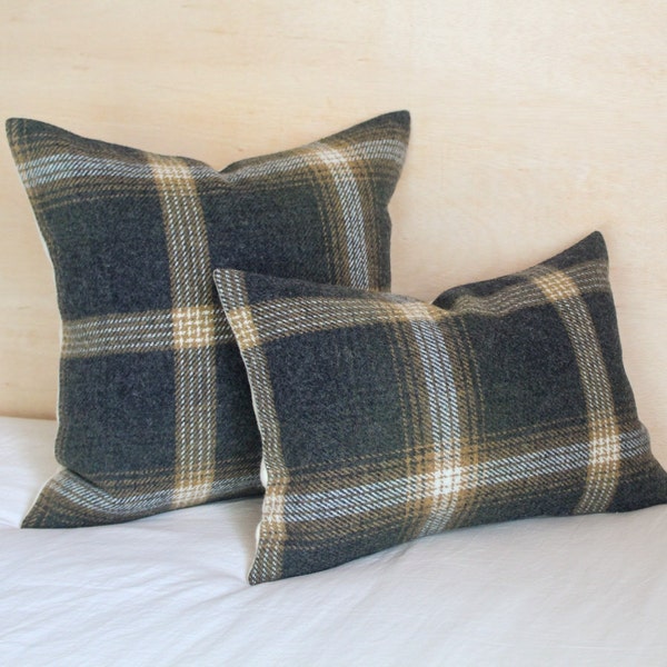 Gray and Gold Oxford Plaid Wool Pillow Cover, Charcoal and Mustard Pillow Cover (Made to Order)
