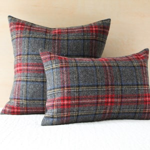Charcoal Stewart Plaid Pillow Cover, Gray and Red Tartan Plaid Wool Pillow Cover by True Having (Made to Order)