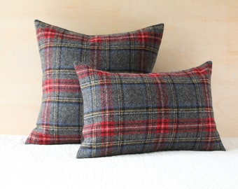 Charcoal Stewart Plaid Pillow Cover, Gray and Red Tartan Plaid Wool Pillow Cover by True Having (Made to Order)