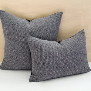 May include: Two grey and black patterned throw pillows with a black trim. The pillows are arranged on a white surface.