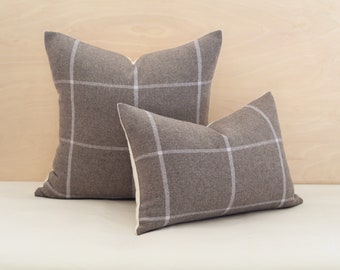 Tan & Cream Windowpane Plaid Wool Pillow Cover (Made to Order)