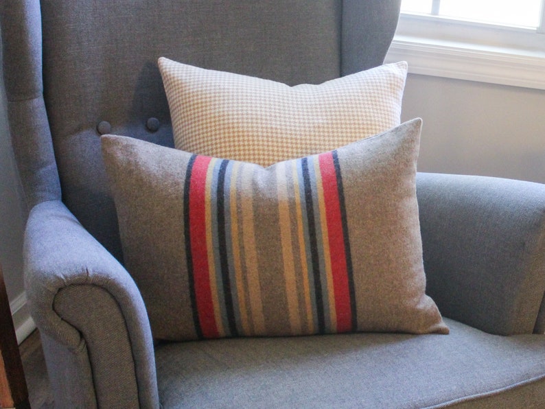 Yakima Camp Stripe Merino Wool Pillow Cover in Mineral Umber by True Having • Shown in 14"x20" size with our Tan Houndstooth Pillow Cover