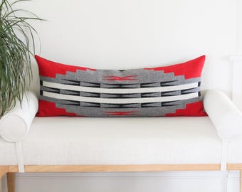 14x36 Wool Pillow Cover in Earth Pattern, Red and Gray Southwestern Pillow Cover (Ready to Ship)