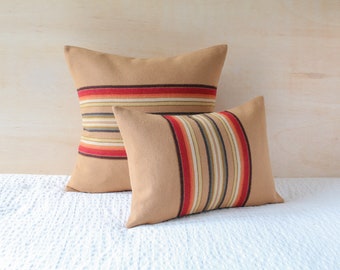 Camel Striped Pillow Cover, Wool Cabin Pillow, Camp Blanket Style Pillow Cover (Ready to Ship)