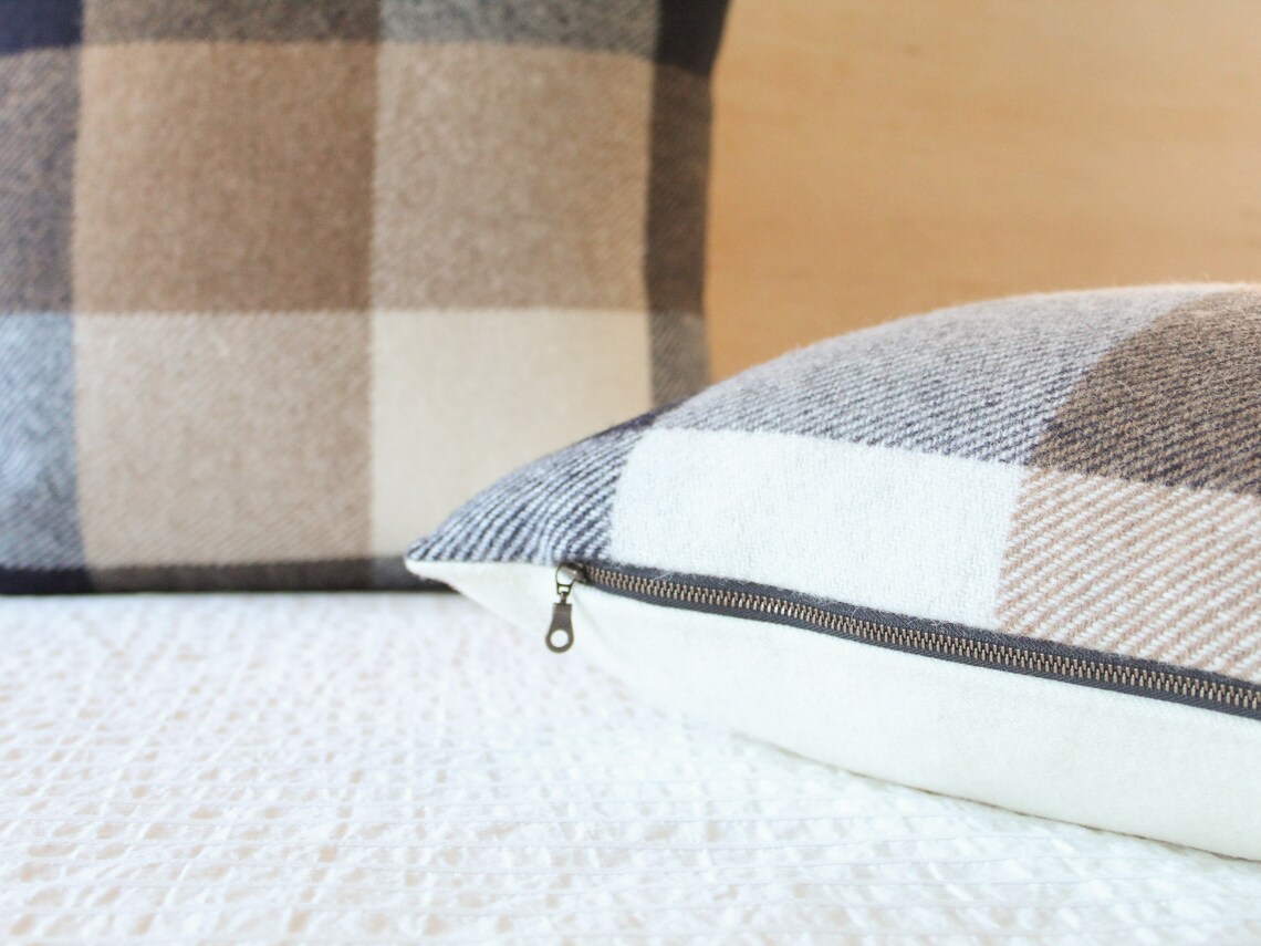 Navy and Tan Plaid Wool Pillow Cover Navy Buffalo Check Etsy
