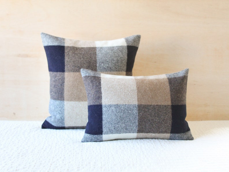 Navy and Camel Plaid Wool Pillow Cover Navy Buffalo Check Etsy