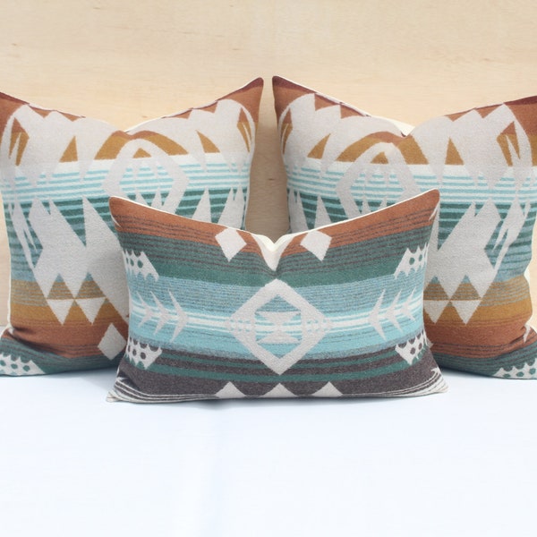 Agate Beach Wool Pillow Cover, Camel and Aqua Pillow Cover, Lightweight Wool Pillow (Made to Order)