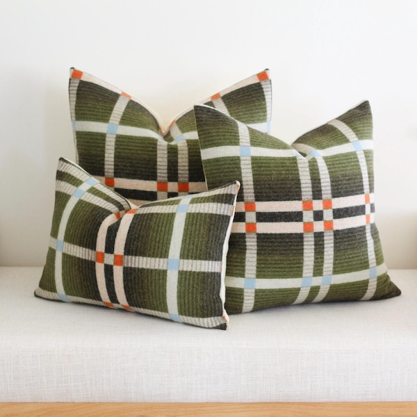 Four Square Olive Wool Pillow Cover, Green Modern Geometric Pillow Cover (Ready to Ship)