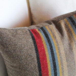 Yakima Camp Stripe Merino Wool Pillow Cover in Mineral Umber by True Having • Shown in 18"x18" size, close-up image