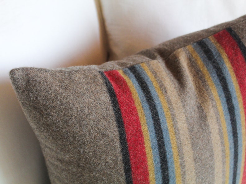 Yakima Camp Stripe Merino Wool Pillow Cover in Mineral Umber by True Having • Shown in 18"x18" size, close-up image