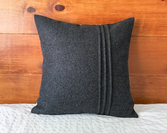 Dark Charcoal Gray Wool Pillow Cover with Stitching Detail (Made to Order)