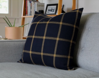 Navy and Gold Plaid Wool Pillow Cover Dark Blue and Yellow Pillow