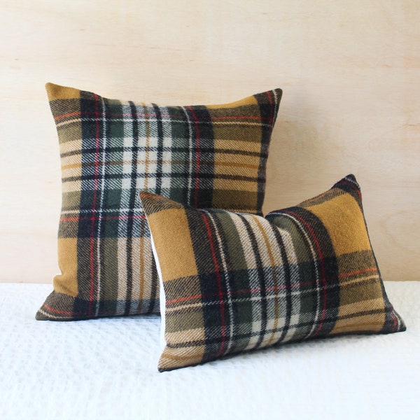 Kent Plaid Pillow Cover, Gold and Navy Plaid Wool Pillow Cover (Made to Order)