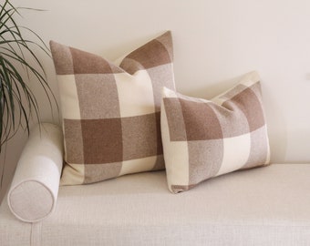 Tan and Cream Plaid Wool Pillow Cover, Camel and Ivory Buffalo Check Pillow Cover (Made to Order)