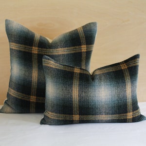 Townsend Plaid Pillow Cover, Shale Blue and Gold Plaid Wool Pillow Cover (Made to Order)